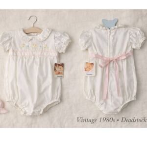1980s Baby Romper Deadstock Embroidered One Piece NWT Heirloom 6-9 M Vintage